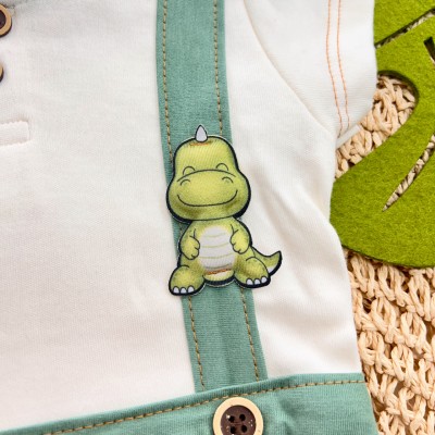 Macaquinho com Suspensório de Dino - Off White e Verde